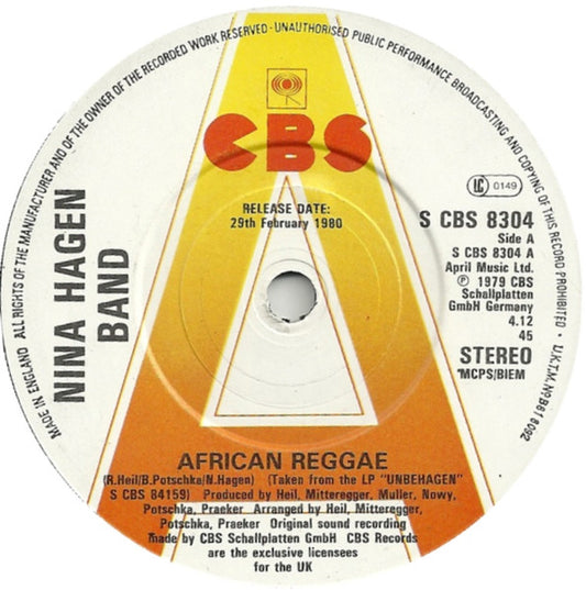 Nina Hagen Band – African Reggae - 7" - 1980 - CBS – S CBS 8304 - Vinilo Como Nuevo (M-) / Portada Genérica