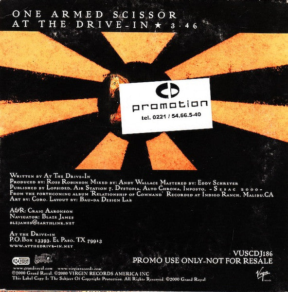 At The Drive-In – One Armed Scissor - CD, Single, Promo, Cardboard Sleeve - 2000 - Virgin – VUSCDJ186, Grand Royal – VUSCDJ186