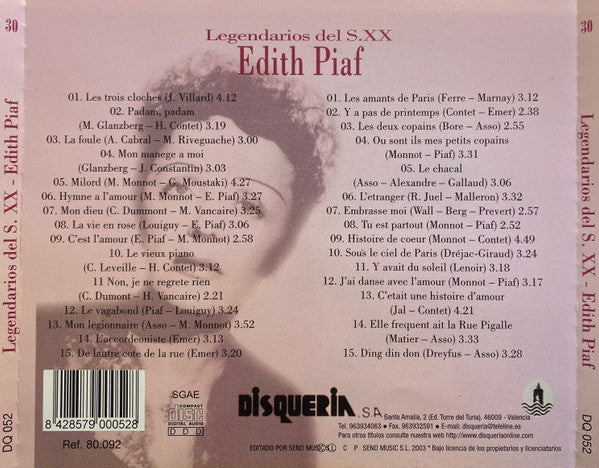 Edith Piaf – Legendarios Del S. XX - 2xCD - 2003 - Disqueria – DQ 052 - Muy Buen Estado / Very Good Condition (VG+ / M-)