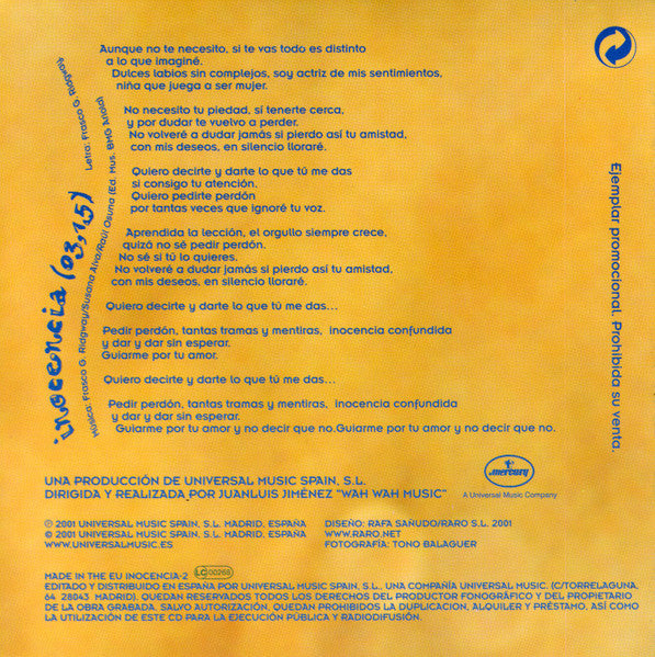Efecto Mariposa – Inocencia - CD, Single, Promo, Gatefold, Digipak - 2001 - Mercury – INOCENCIA-2 - CD Muy Buen Estado (VG+) / Portada Muy Buen Estado (VG+)