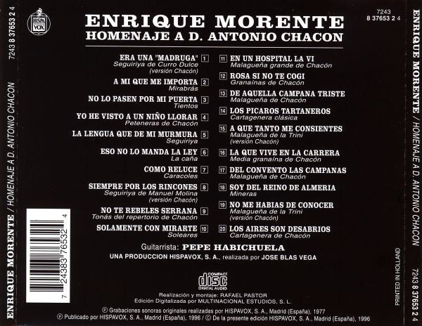 Enrique Morente / Pepe Habichuela – Homenaje A D. Antonio Chacón - CD - 1996 - Muy Buen Estado / Very Good Condition (VG+ / VG+)
