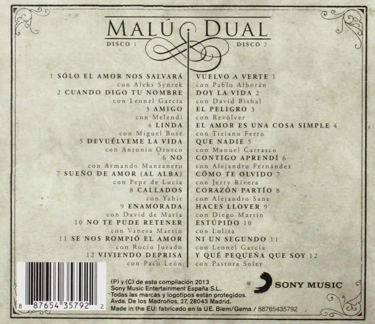 Malú – Dual - 2xCD - 2013 - Sony Music – 88765435792