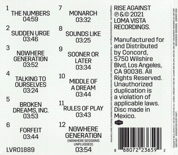 Rise Against – Nowhere Generation - CD - Digipak - 20121 - Loma Vista Recordings – LVR01889 - NUEVO / PRECINTADO - NEW / SEALED.