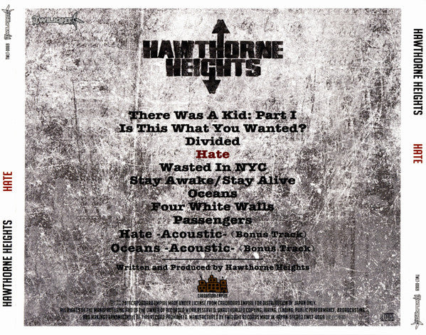Hawthorne Heights – Hate - CD - Edición Japonesa - Con OBI - 2012 - Twilight Records – TWLT-0069 - Nuevo sin usar pero no precintado / New and unplayed but not sealed.