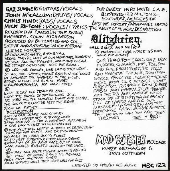 Blitzkrieg - Lest We Forget. E.P. (7", EP, RE)