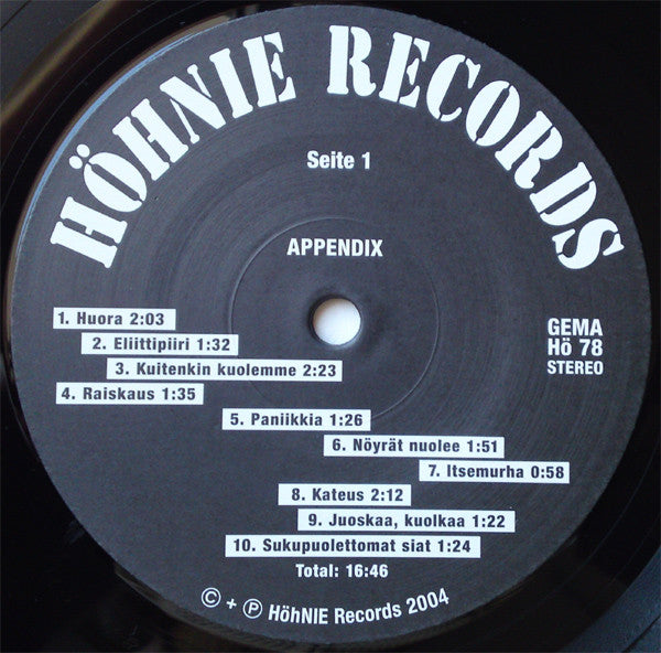 Appendix – Money Is Not My Currency - LP - 2004 - HöhNIE Records – HÖ 78 - Muy Buen Estado / Very Good Condition (M- / VG+)