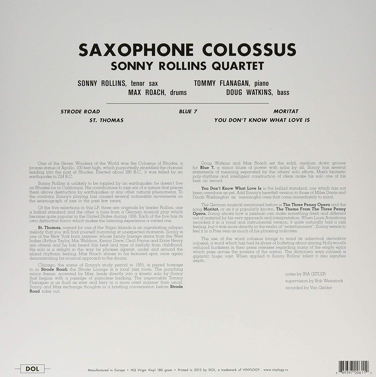 SONNY ROLLINS LP Saxophone Colossus (Blue Coloured Vinyl)