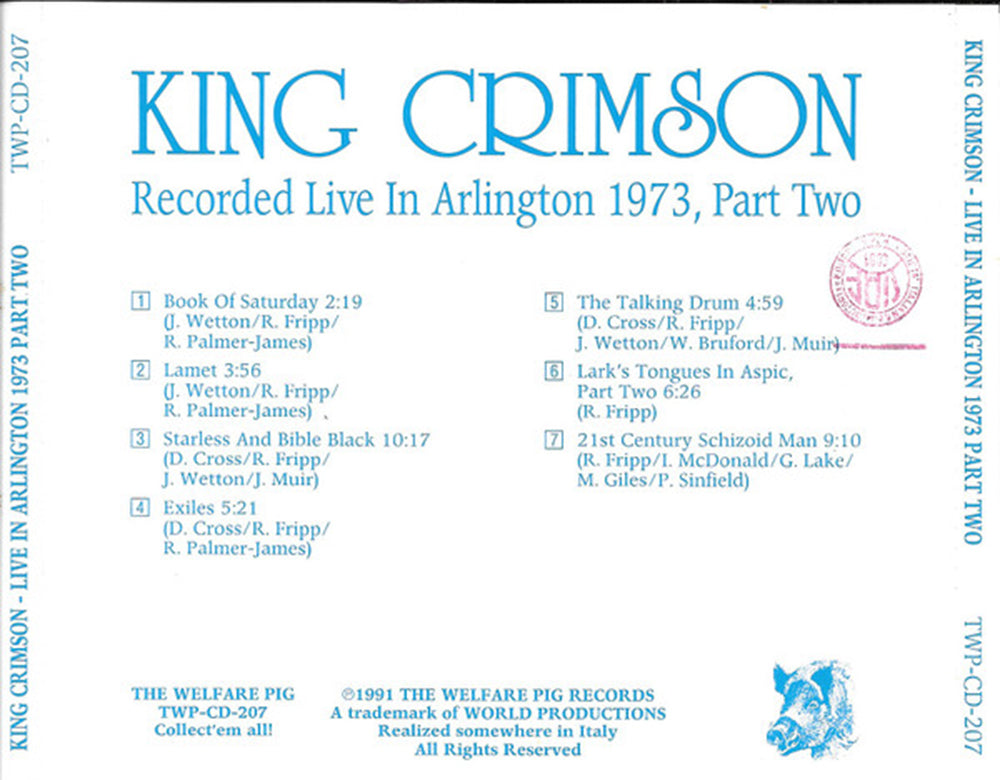 KING CRIMSON CD Arlington 1973, Part Two