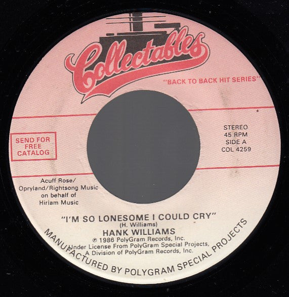 Hank Williams – I'm So Lonesome I Could Cry / Hey Good Lookin' - 7" - 1986 - Collectables – COL 4259 - Vinilo Como Nuevo / Portada Genérica (M-/Generic)