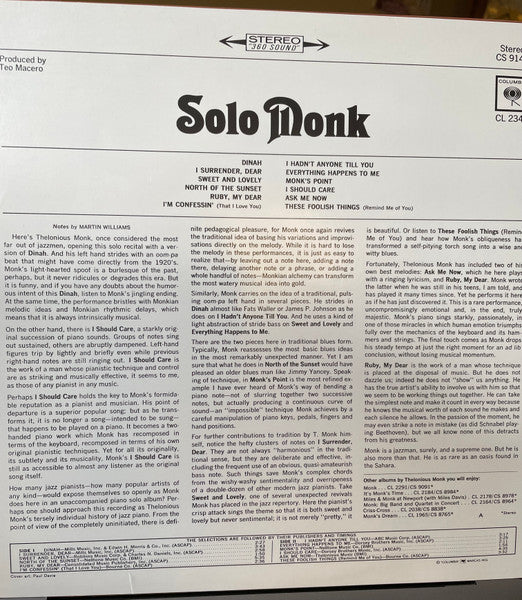 Monk – Solo Monk - LP - Reissue, Gloversville Pressing - Columbia – CS 9149 - USADO / USED (M- / VG+)