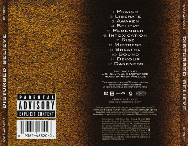 Disturbed – Believe - CD - Enhanced - 2002 - Reprise Records – 9362-48320-2