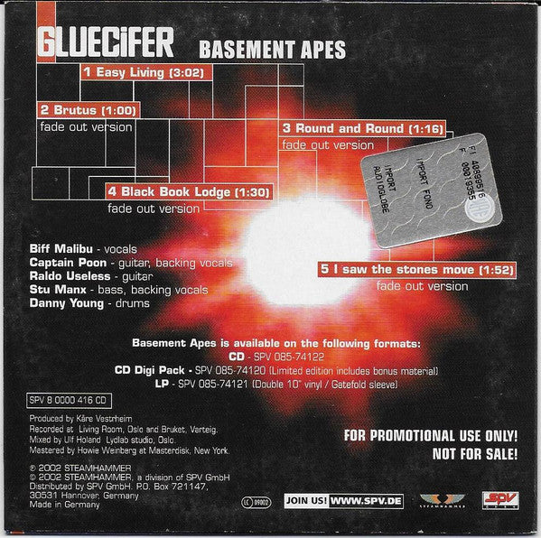 Gluecifer – Basement Apes - CD, Single, Promo - 2002 - Steamhammer – SPV 8 0000 416 CD - CD Nuevo (M) / Portada Muy Buen Estado (VG+)