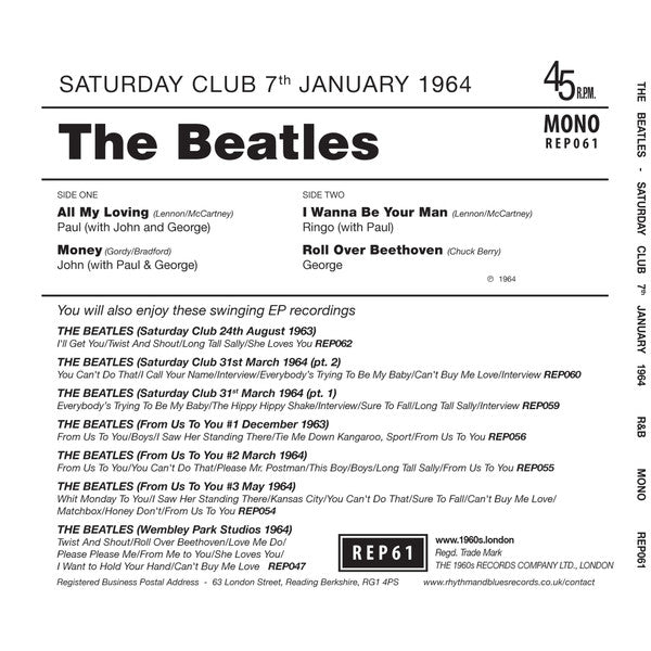 The Beatles - Saturday Club 7th January 1964 (7", EP, Mono, Unofficial) - PLAZO DE ENVÍO 5-7 DÍAS / SHIPPING TIME 5-7 DAYS.