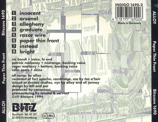 Alloy – Paper Thin Front - CD - 1994 - Bitzcore – 1690 - CD Muy Buen Estado (VG+) / Portada Como Nueva (M-)