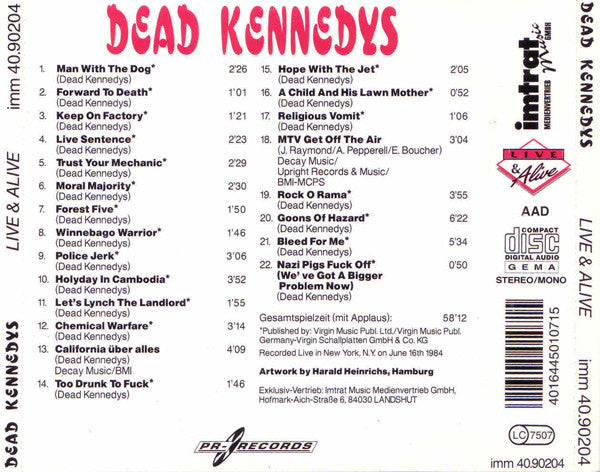 Dead Kennedys – Live & Alive - CD - 1989 - PR-RECORDS – imm 40.90204 - Como Nuevo / Like New (M-/M-)