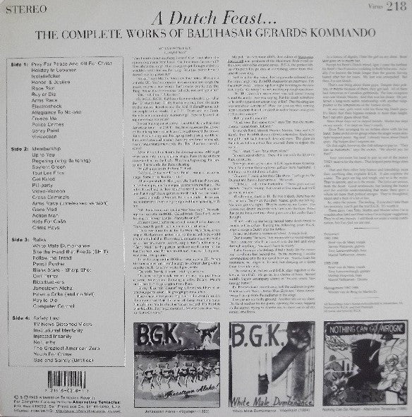 B.G.K. ‎– A Dutch Feast... The Complete Works Of Balthasar Gerards Kommando - 2xLP - 2004 - Alternative Tentacles ‎– Virus 218 - Vinilo Como Nuevo / Portada Muy Buen Estado (M-/VG++)