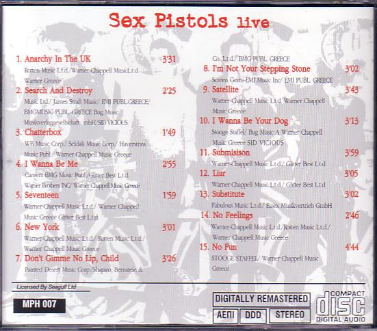 Sex Pistols – Live - CD - Edición Griega - Greek Edition - Ποπ + Ροκ – MPH 007 - CD Muy Buen Estado (VG+) / Portada Como Nueva (M-)