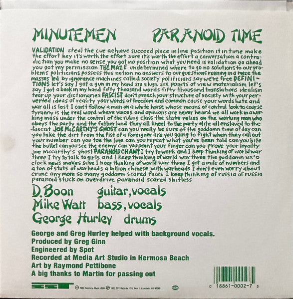 Minutemen – Paranoid Time - 7" - SST Records – SST 002 - Muy Buen Estado / Very Good Condition (M- / VG+)