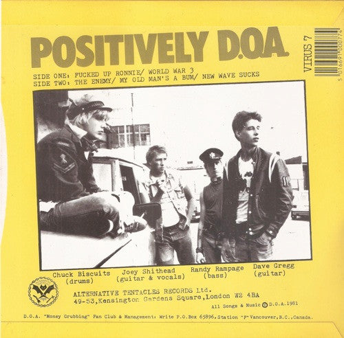 D.O.A. – Positively D.O.A. - 7" - 1989 - Alternative Tentacles – VIRUS 7 - Como Nuevo / Like New (M- / M-)