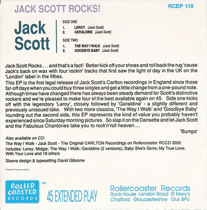 Jack Scott With The Chantones – Jack Scott Rocks! - 7" - 1990 - Rollercoaster Records – RCEP 110 - Como Nuevo / Like New (M- / M-)