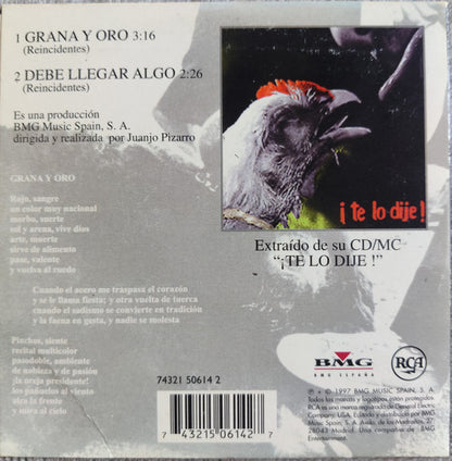 Reincidentes – Grana Y Oro - CD, Single - 1997 - RCA – 74321 50614 2 - CD Nuevo (M) / Portada Como Nueva (M-)