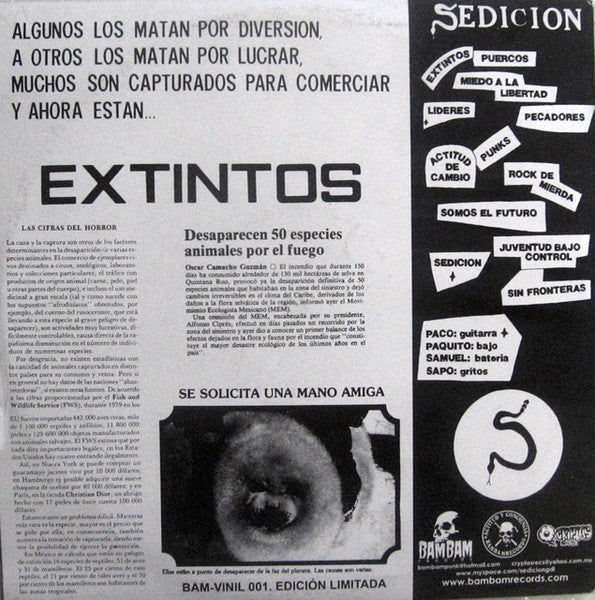 Sedicion – Extintos - LP - 2010 - Bambam Records – Bam-Vinil 001 - Nuevo sin usar pero no precintado / New and unplayed but not sealed.