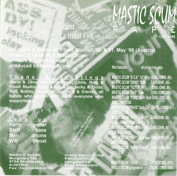 Mastic Scum / Clotted Symmetric Sexual Organ – Rape / Clitto's Special Hits Cover '99 - 7" - 1998 - Ohne Maulkorb Production - Vinilo Como Nuevo / Portada Como Nueva (M-/M-)