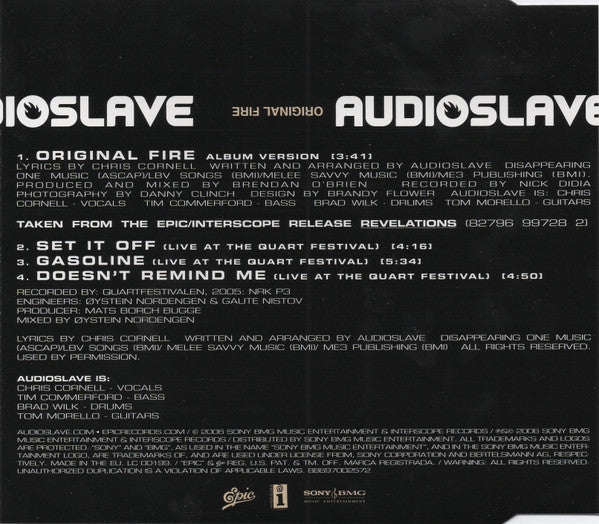 Audioslave – Original Fire - CD SG - 4 Tracks - 2006 - Epic – 88697 00257 2, Interscope Records – 88697 00257 2, Sony BMG Music Entertainment – 88697 00257 2