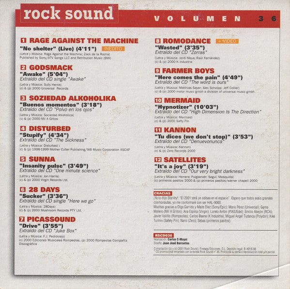 Rock Sound Volumen 36 - CD, Compilation, Enhanced, Promo, Sampler - 2001 - Rock Sound – RSCDE036 - CD Muy Buen Estado (VG+) / Portada Muy Buen Estado (VG+)
