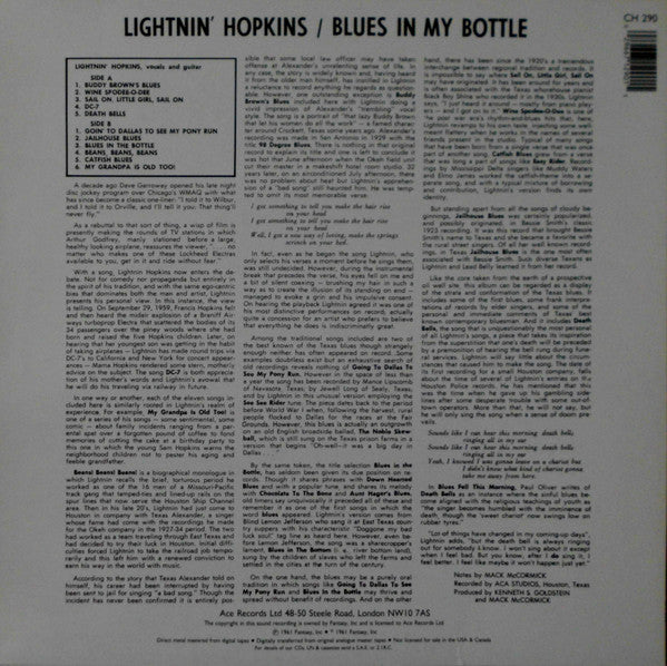 Lightnin' Hopkins – Blues In My Bottle - LP - 1990 (France) - Ace – CH 290 - USADO / USED (M- / VG+)