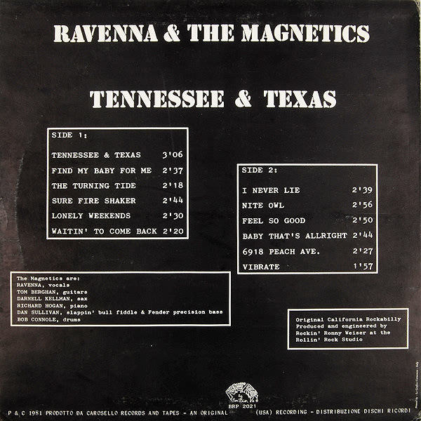 Ravenna & The Magnetics – Tennessee & Texas - LP - 1981 - Rollin' Rock – BRP 2021 - Buen Estado / Good Condition (VG / VG)