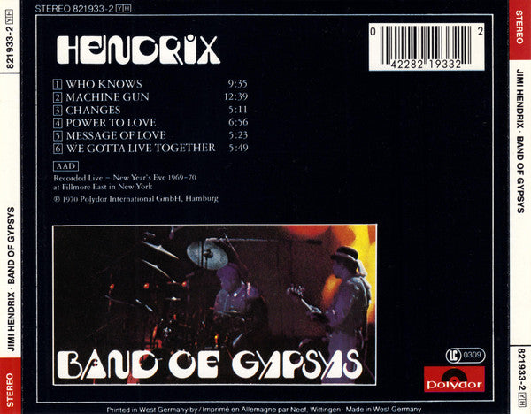 Jimi Hendrix ‎– Band Of Gypsys - CD - 1984 - Polydor – 821933-2 - Muy Buen Estado / Very Good Condition (VG+ / M-)