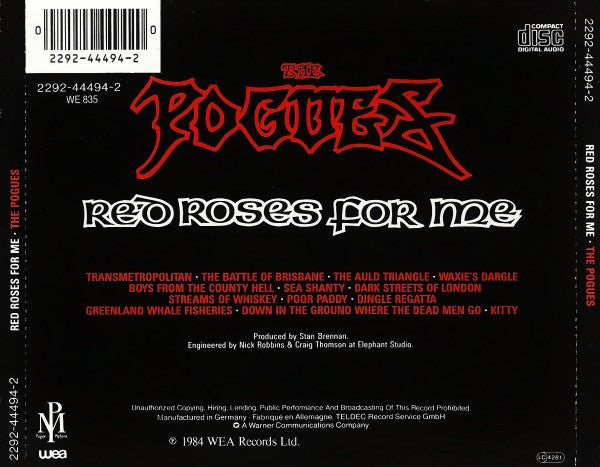 The Pogues – Red Roses For Me - CD - Pogue Mahone Records – 2292-44494-2, WEA – 2292-44494-2 - CD Muy Buen Estado (VG+) / Portada Muy Buen Estado (VG+)