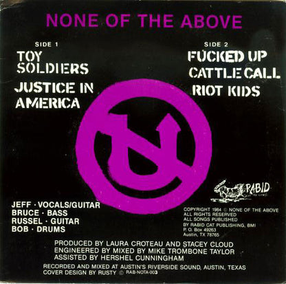 N.O.T.A. – Toy Soldiers E.P. - 7" - With Insert - 1984 - Rabid Cat Records – RAB-NOTA-003 - Muy Buen Estado / Very Good Condition (M / VG+)