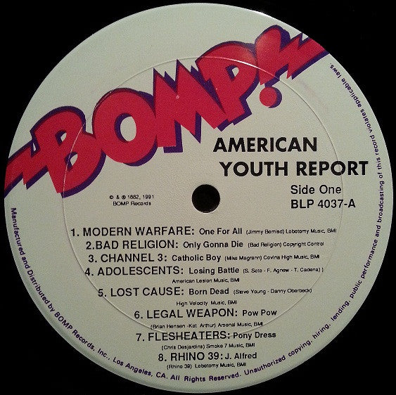 Various – American Youth Report - LP - 1991 - BOMP! – BLP 4037 - USADO / USED (M- / VG+)