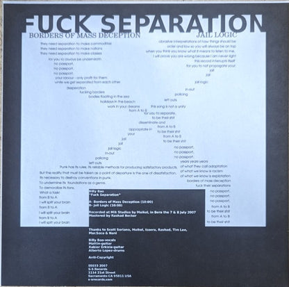 Billy Bao – Fuck Separation - Vinyl, 10", 33 ⅓ RPM, Banco/White - 2007 - S-S Records – SS033 - Vinilo Como Nuevo / Portada Como Nueva (M-/M-)
