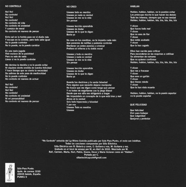 Silla Eléctrica – No Controlo - 7" - 2010 - Solo Para Punks – PUNKS9