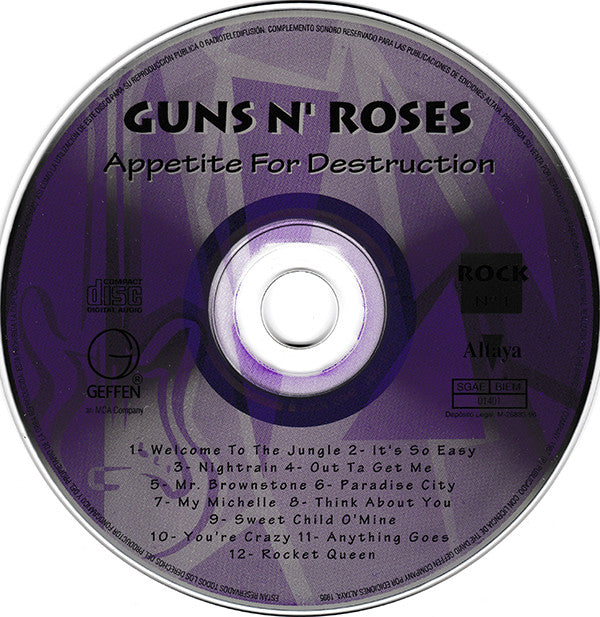 Guns N' Roses ‎– Appetite For Destruction - CD - 1996 - Geffen Records ‎– GED 24148, Rock – Nº 1 - CD Como Nuevo (M-) / Portada Muy Buen Estado (VG+)