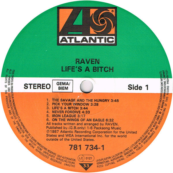 Raven – Life's A Bitch - LP - 1987 - Atlantic – 781 734-1 - USADO / USED (M- / VG+)