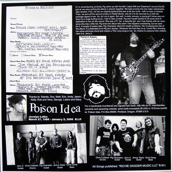 Poison Idea – Latest Will And Testament - LP - With Insert - 2006 - Farewell Records – FWR #27, Network Of Friends – FWR #27 - Muy Buen Estado / Very Good Condition (M- / VG+)