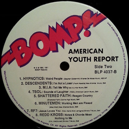 American Youth Report - LP - 1991 - BOMP! – BLP 4037 - Vinilo Como Nuevo / Portada Muy Buen Estado (M-/VG+)