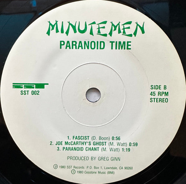 Minutemen – Paranoid Time - 7" - SST Records – SST 002 - Muy Buen Estado / Very Good Condition (M- / VG+)