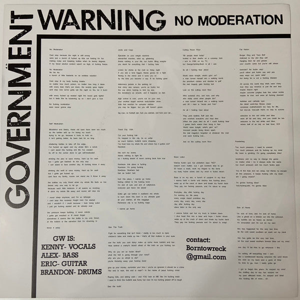 Government Warning – No Moderation - LP - 2006 - Feral Ward – YAN-0012-034-2006 - Vinilo Muy Buen Estado / Portada Muy Buen Estado (VG++/VG++).